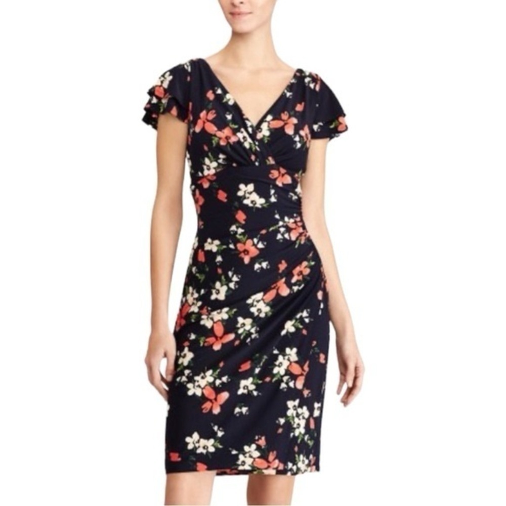 Lauren Ralph Lauren Floral Ruched Jersey Sheath Dress-Navy/Coral-Women Size 12
